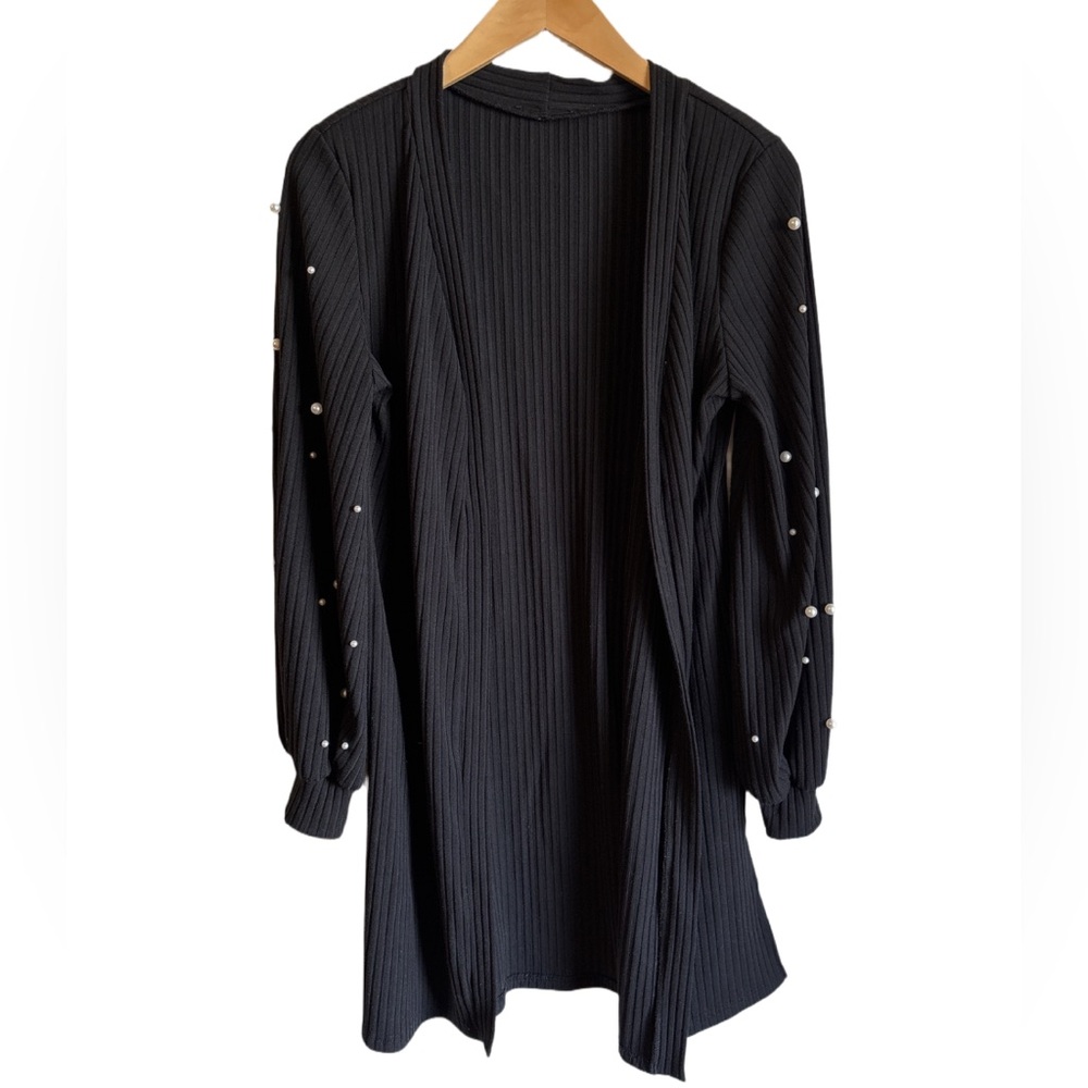 Black Sweater Cardigan With Pearls/Bell Sleeves SZ M